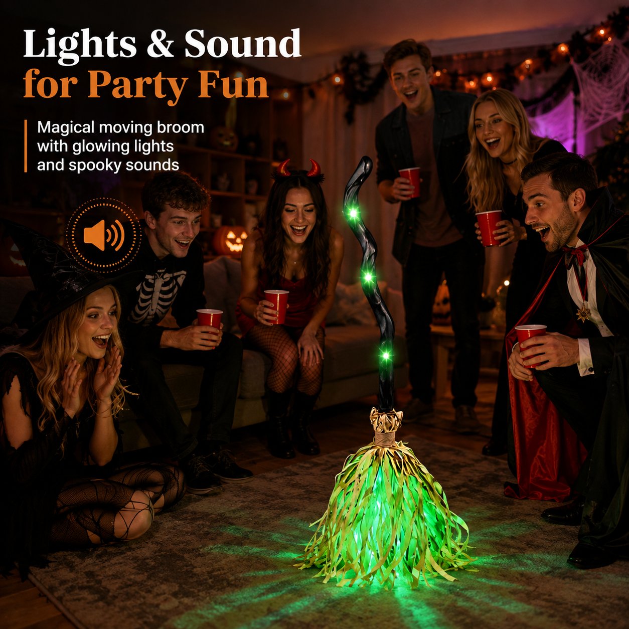 🧙‍♀️🧹Animated Moving Witch Broom - Light‐Sound‐Motion Halloween Prop