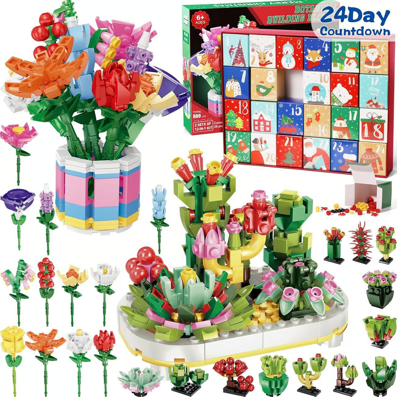 24 Days STEM Flower Bouquet Building Blocks Christmas Countdown Calendar Gifts Box