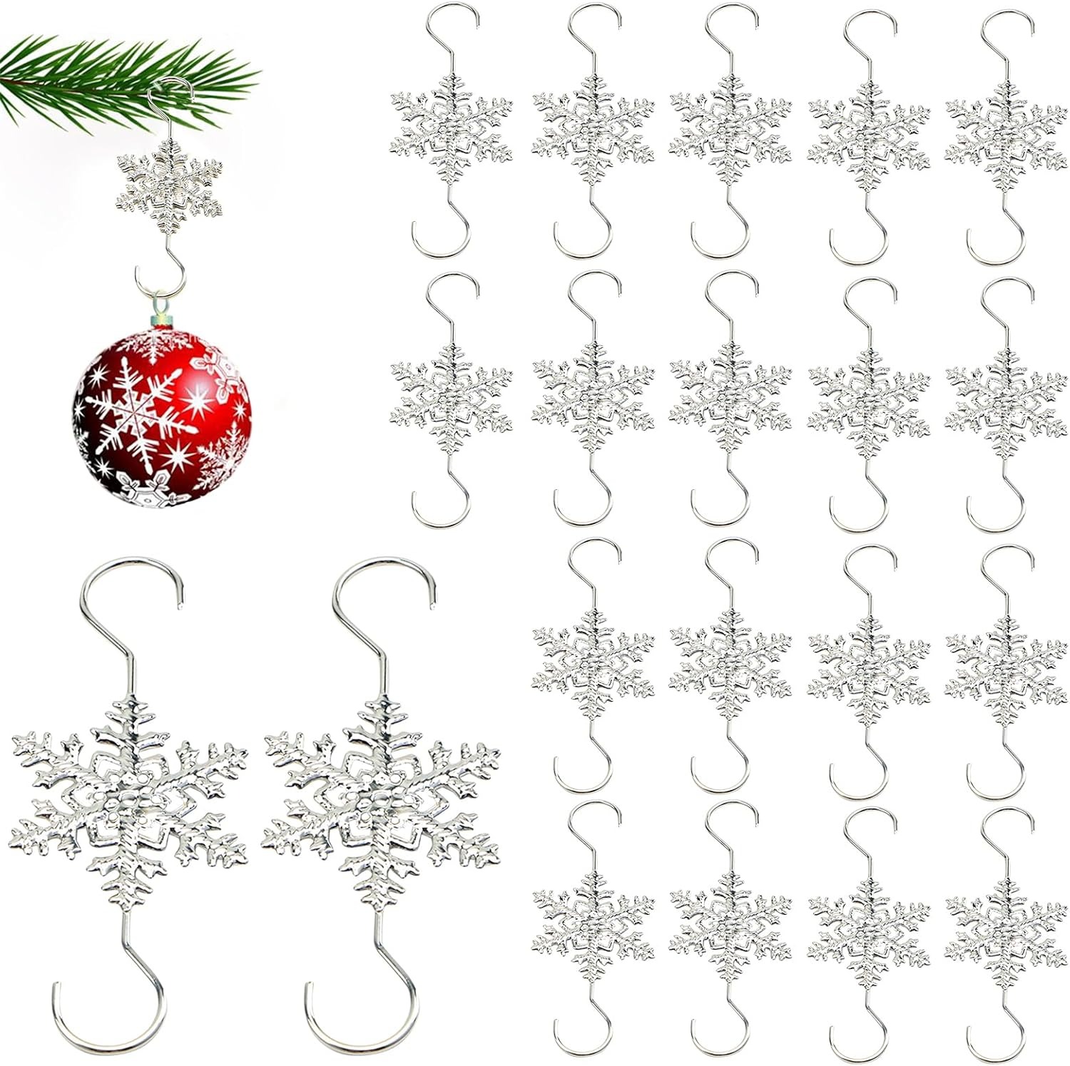 2025 Christmas Hot Sale4Christmas S-Hooks - Metal Hanging Hooks with Snowflake Charms for Ornaments, Garland (20pcs)