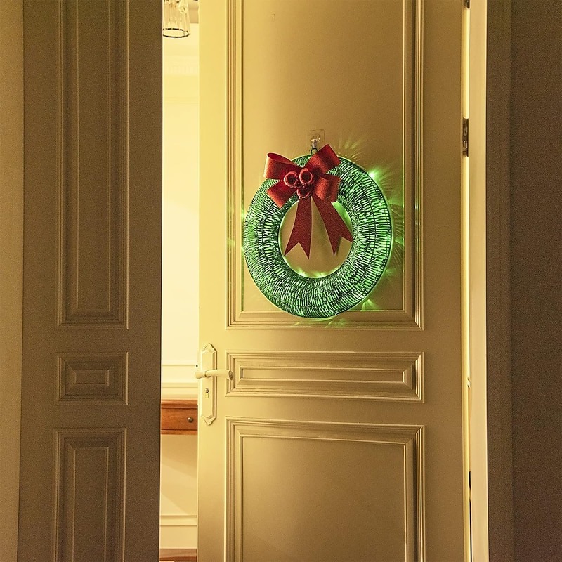 20inch Christmas Wreath with Light Iron Luminous Bow Garland LED Light-up Warm White Light Scene Decoration 30/40/50cm AA Battery Powered