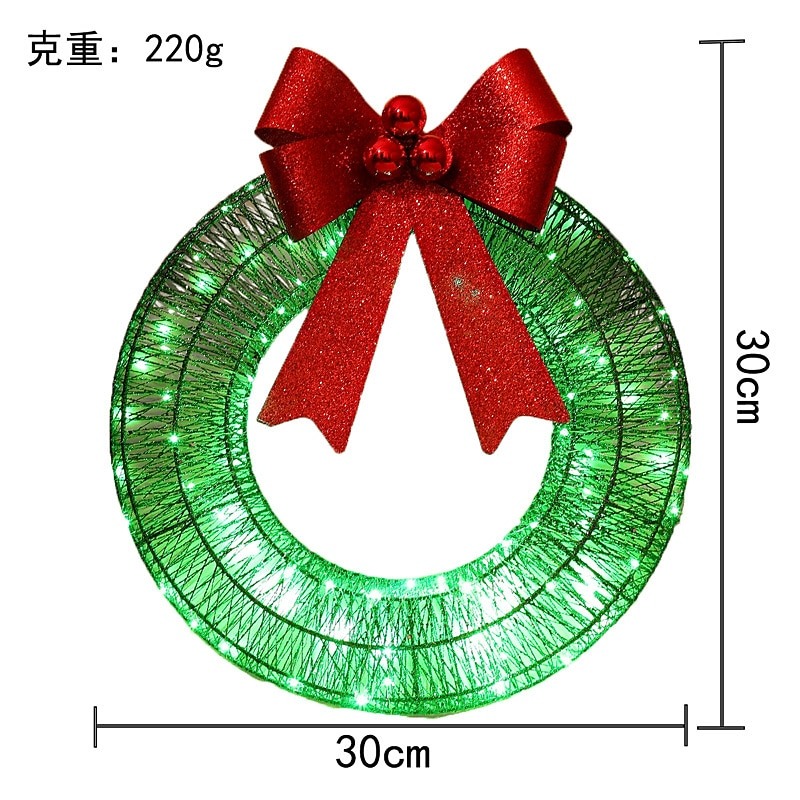 20inch Christmas Wreath with Light Iron Luminous Bow Garland LED Light-up Warm White Light Scene Decoration 30/40/50cm AA Battery Powered
