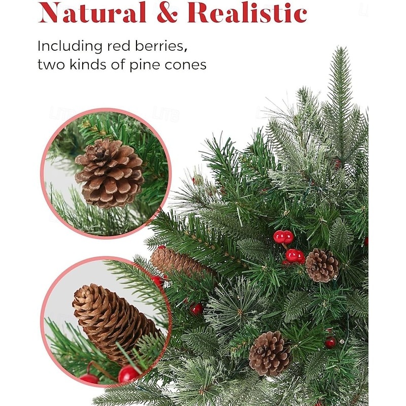 Pre-lit Artificial Christmas Tree Urn Filler, Outdoor Xmas Decoration Faux Plants Flocked with Mixed Ornaments and Pre-strung White LED Lights, Holiday Decor with Stand