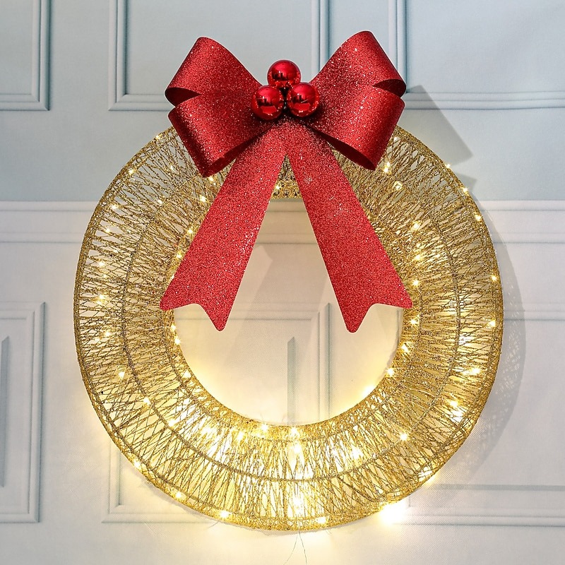 20inch Christmas Wreath with Light Iron Luminous Bow Garland LED Light-up Warm White Light Scene Decoration 30/40/50cm AA Battery Powered