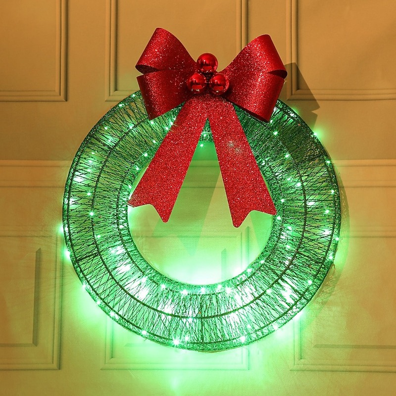 20inch Christmas Wreath with Light Iron Luminous Bow Garland LED Light-up Warm White Light Scene Decoration 30/40/50cm AA Battery Powered
