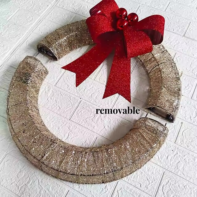20inch Christmas Wreath with Light Iron Luminous Bow Garland LED Light-up Warm White Light Scene Decoration 30/40/50cm AA Battery Powered