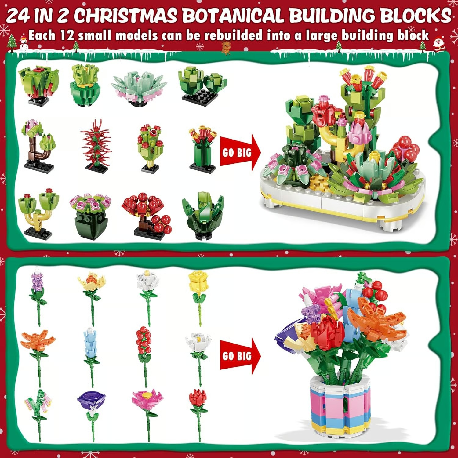 24 Days STEM Flower Bouquet Building Blocks Christmas Countdown Calendar Gifts Box