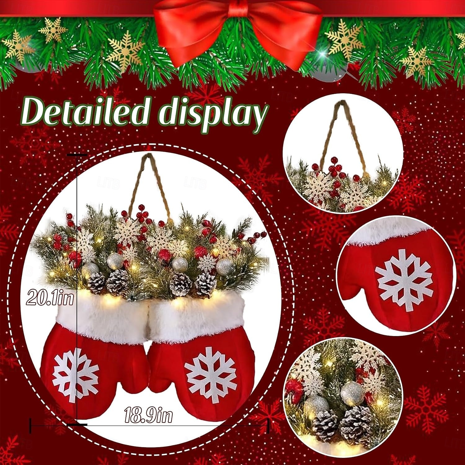 Twinkling Christmas Mitten Wreath with 120 LED Lights Illuminated Holiday Wreaths with Artificial Pine Branches, Red Berries, and Frosted Pinecones Artificial Christmas Wreath for Front Door Decor