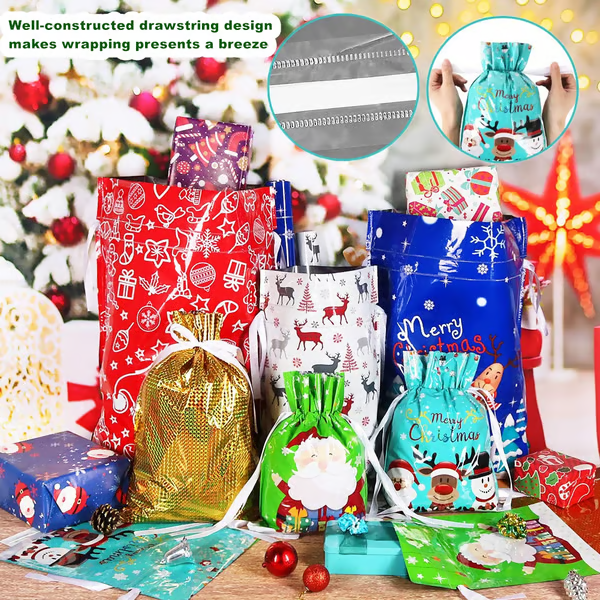 🔥Reusable Christmas Drawstrings Gift Bags 30-piece Bags & Tags Set