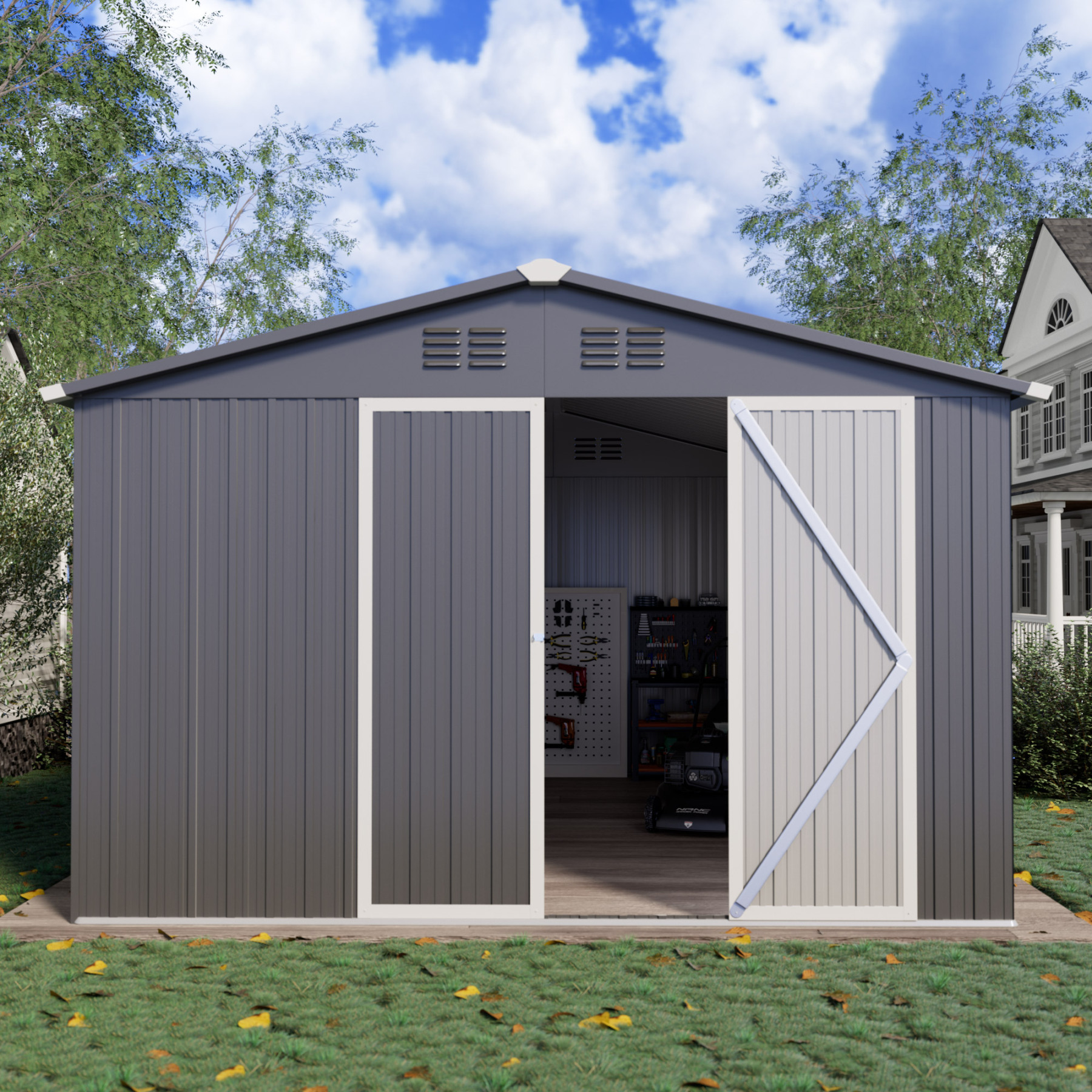 10 x 12 FT Storage Shed, Metal Sheds with Sloping Roof and Lockable Door, Outdoor Shed for Backyard Garden Patio and Lawn,White and Grey