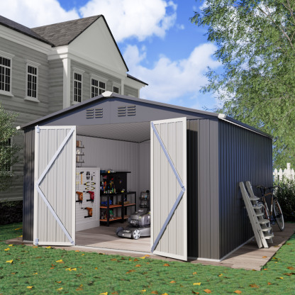 10 x 12 FT Storage Shed, Metal Sheds with Sloping Roof and Lockable Door, Outdoor Shed for Backyard Garden Patio and Lawn,White and Grey