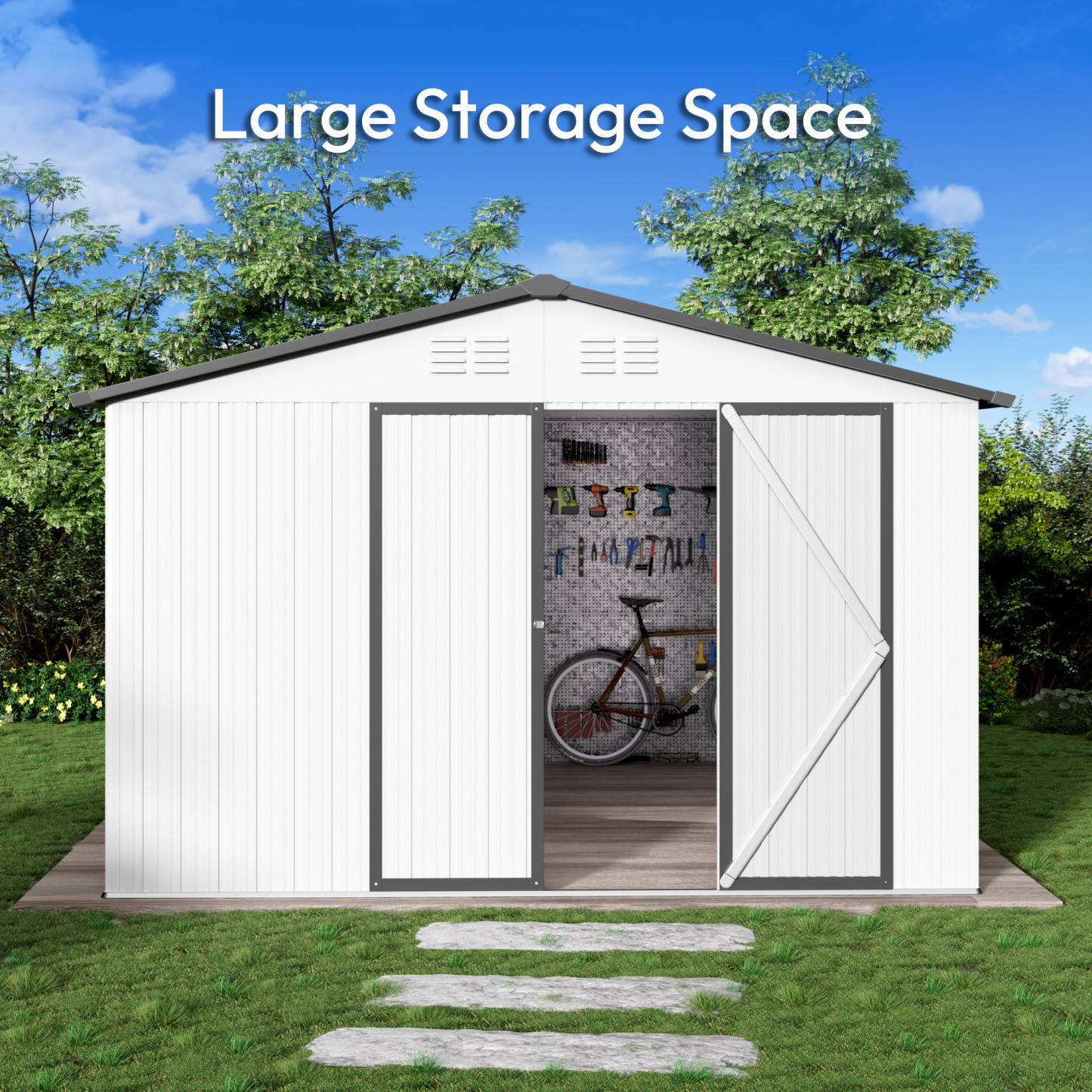 10 x 12 FT Storage Shed, Metal Sheds with Sloping Roof and Lockable Door, Outdoor Shed for Backyard Garden Patio and Lawn,White and Grey