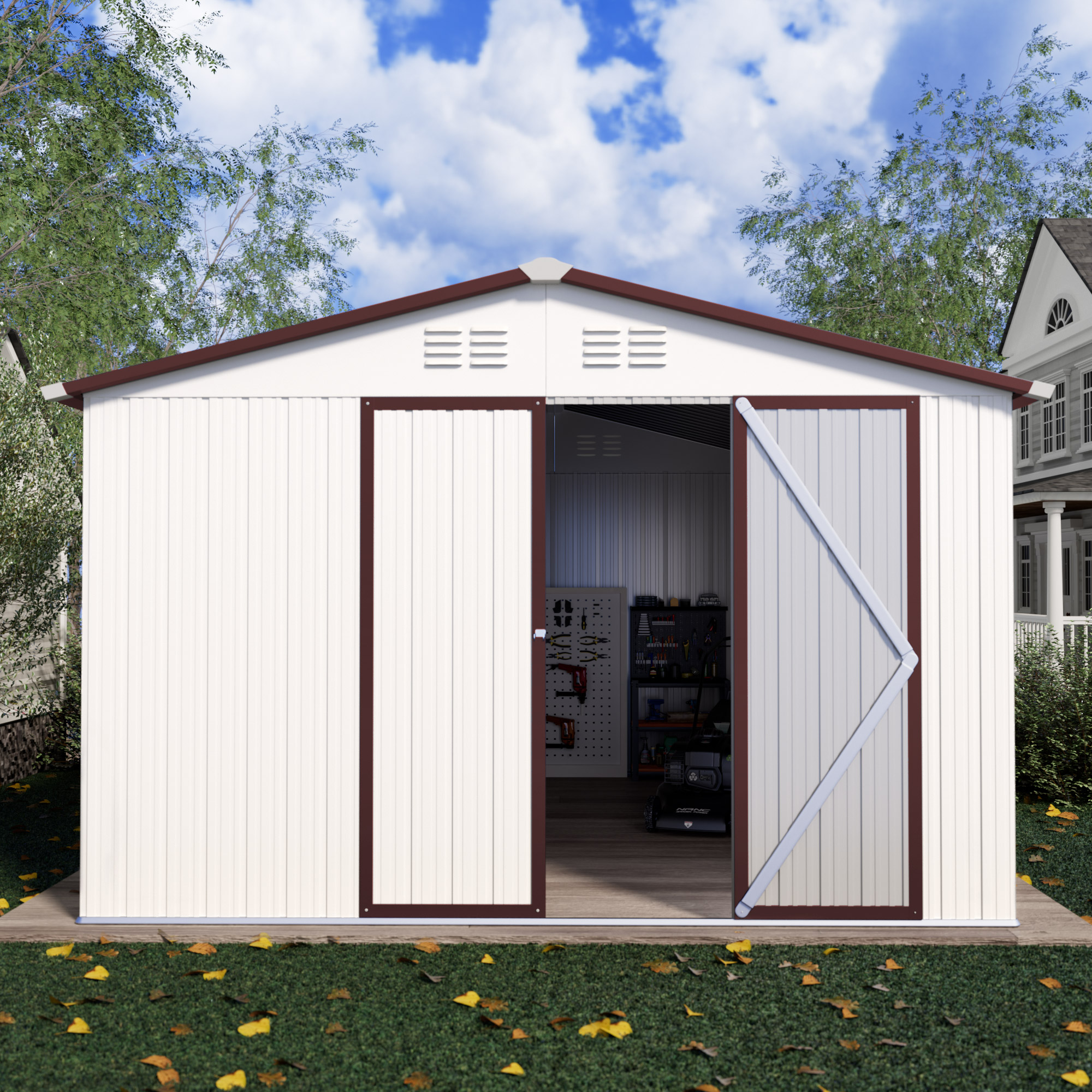 10 x 12 FT Storage Shed, Metal Sheds with Sloping Roof and Lockable Door, Outdoor Shed for Backyard Garden Patio and Lawn,White and Grey