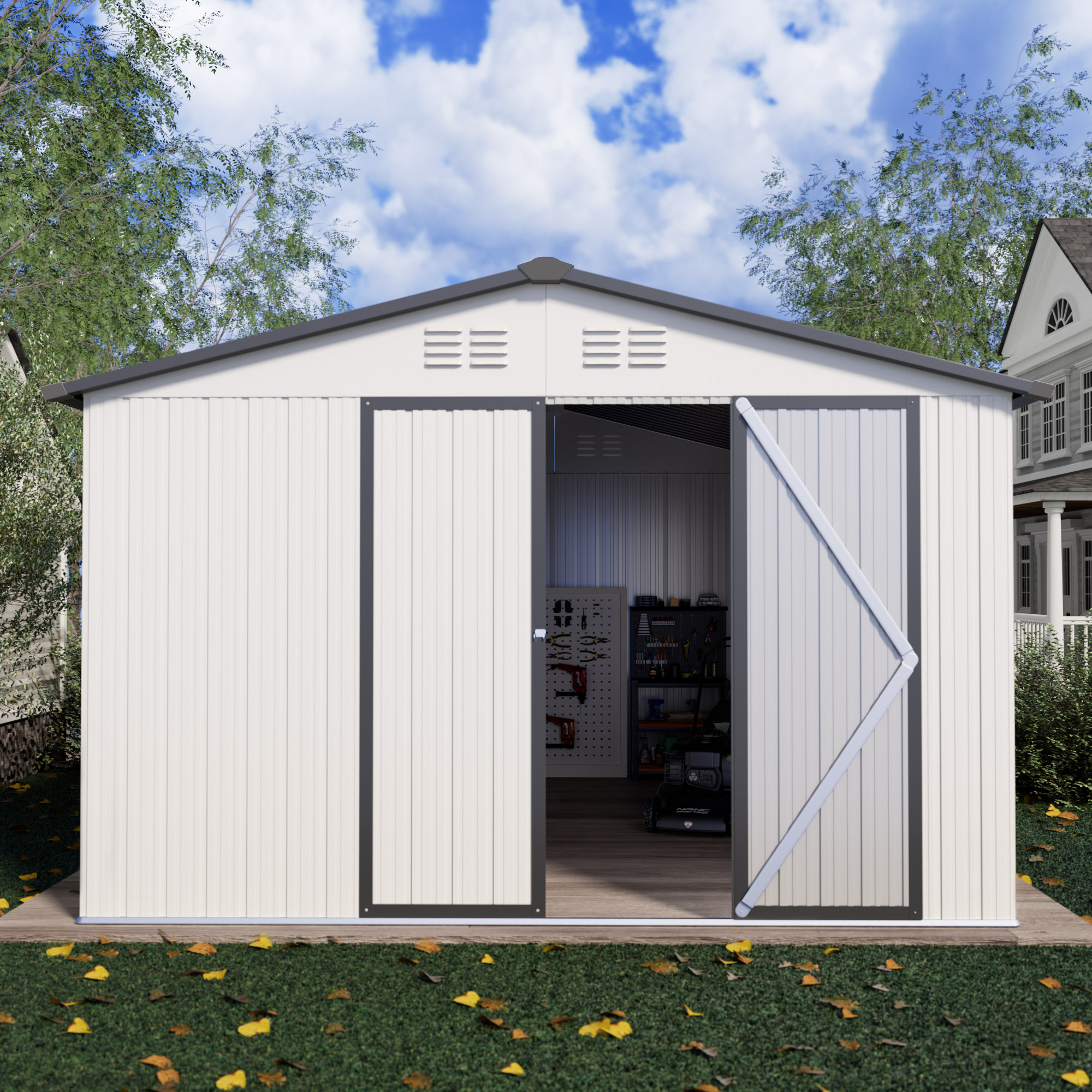 10 x 12 FT Storage Shed, Metal Sheds with Sloping Roof and Lockable Door, Outdoor Shed for Backyard Garden Patio and Lawn,White and Grey