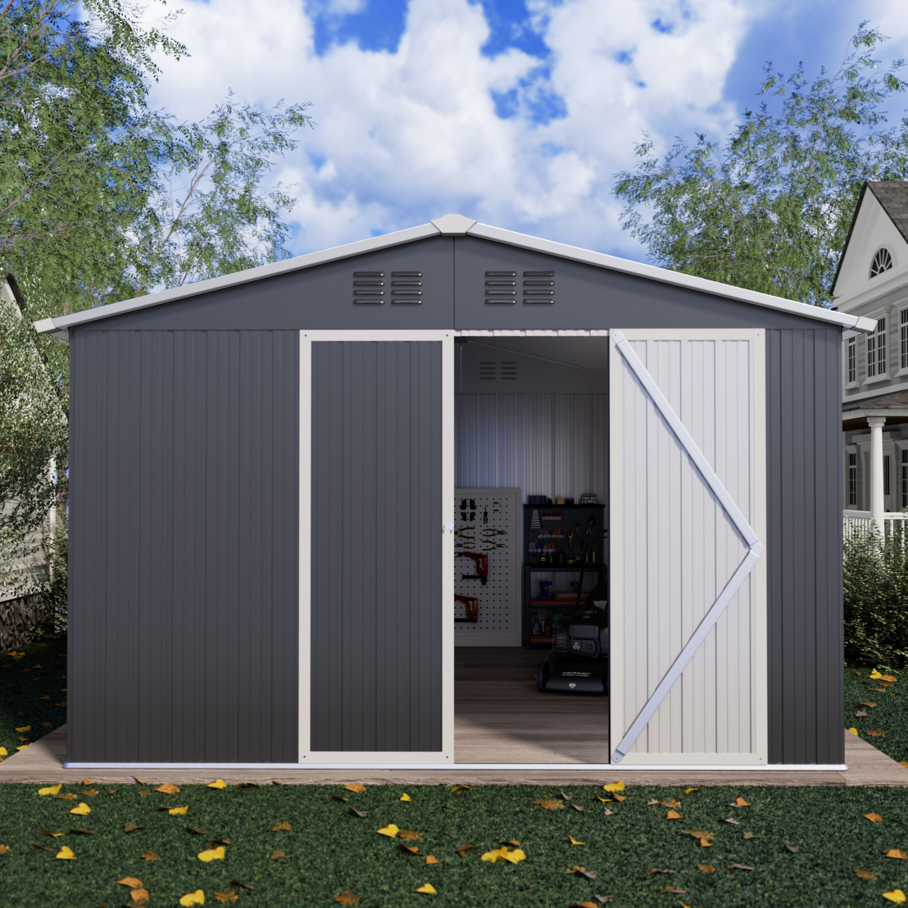 10 x 12 FT Storage Shed, Metal Sheds with Sloping Roof and Lockable Door, Outdoor Shed for Backyard Garden Patio and Lawn,White and Grey