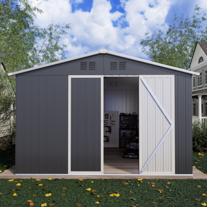 10 x 12 FT Storage Shed, Metal Sheds with Sloping Roof and Lockable Door, Outdoor Shed for Backyard Garden Patio and Lawn,White and Grey