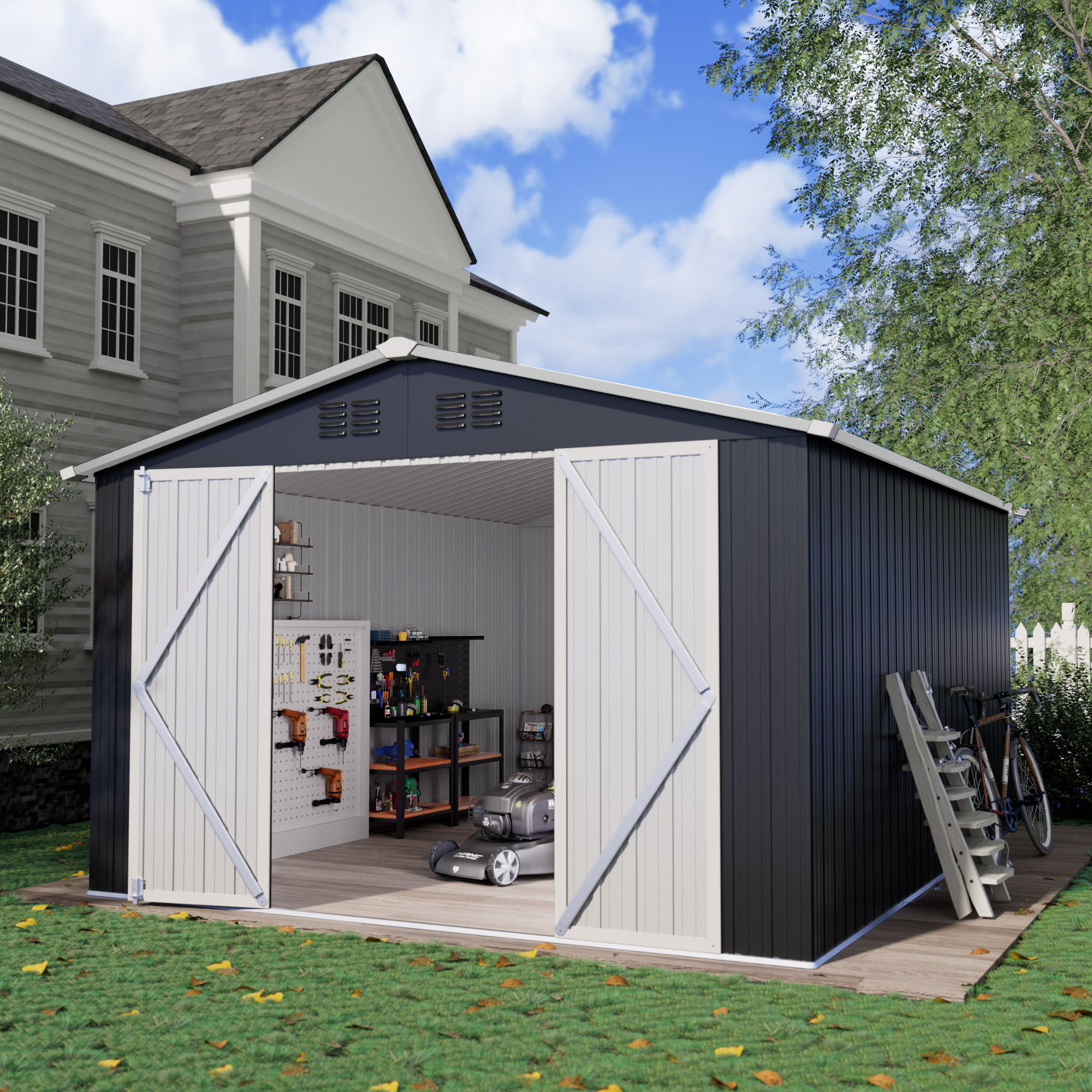 10 x 12 FT Storage Shed, Metal Sheds with Sloping Roof and Lockable Door, Outdoor Shed for Backyard Garden Patio and Lawn,White and Grey