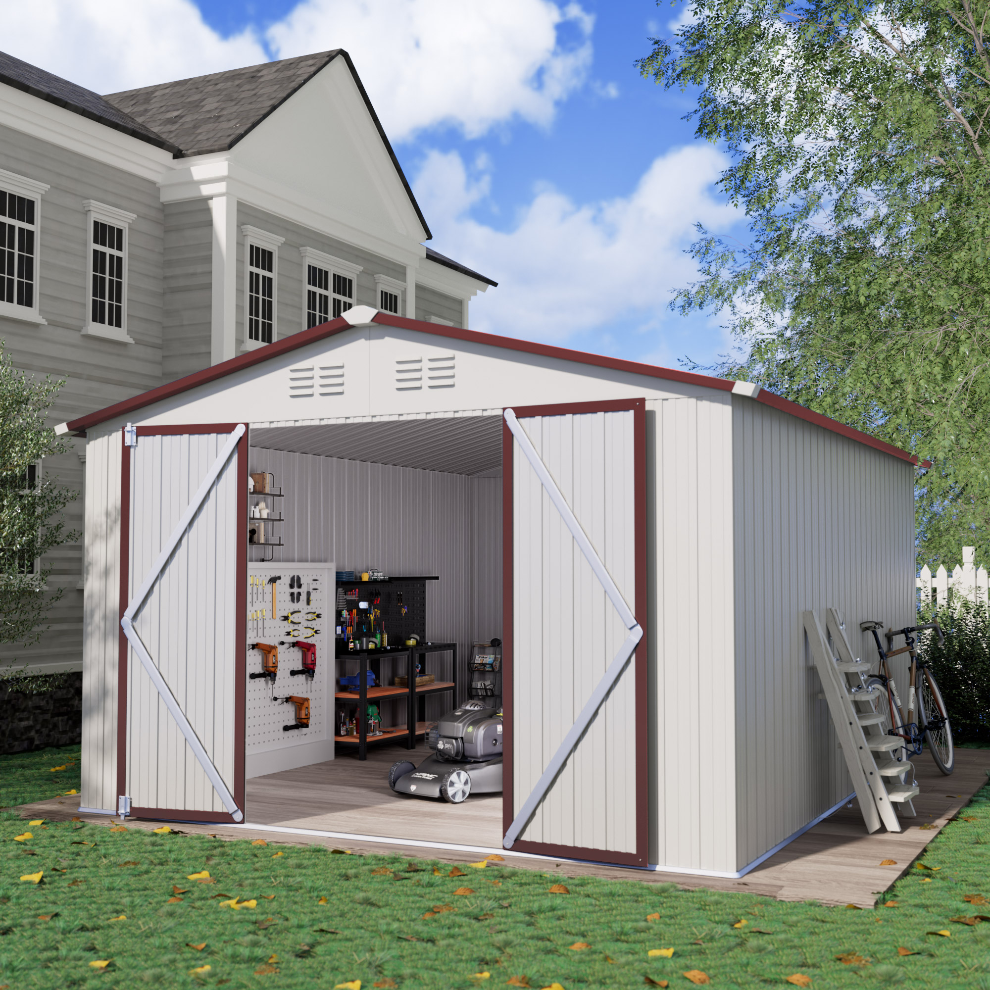 10 x 12 FT Storage Shed, Metal Sheds with Sloping Roof and Lockable Door, Outdoor Shed for Backyard Garden Patio and Lawn,White and Grey