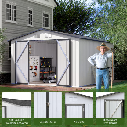 10 x 12 FT Storage Shed, Metal Sheds with Sloping Roof and Lockable Door, Outdoor Shed for Backyard Garden Patio and Lawn,White and Grey