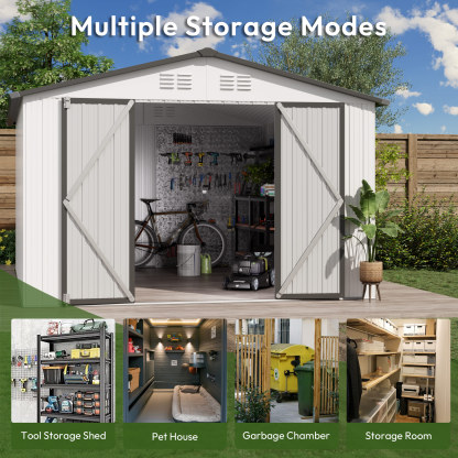 10 x 12 FT Storage Shed, Metal Sheds with Sloping Roof and Lockable Door, Outdoor Shed for Backyard Garden Patio and Lawn,White and Grey