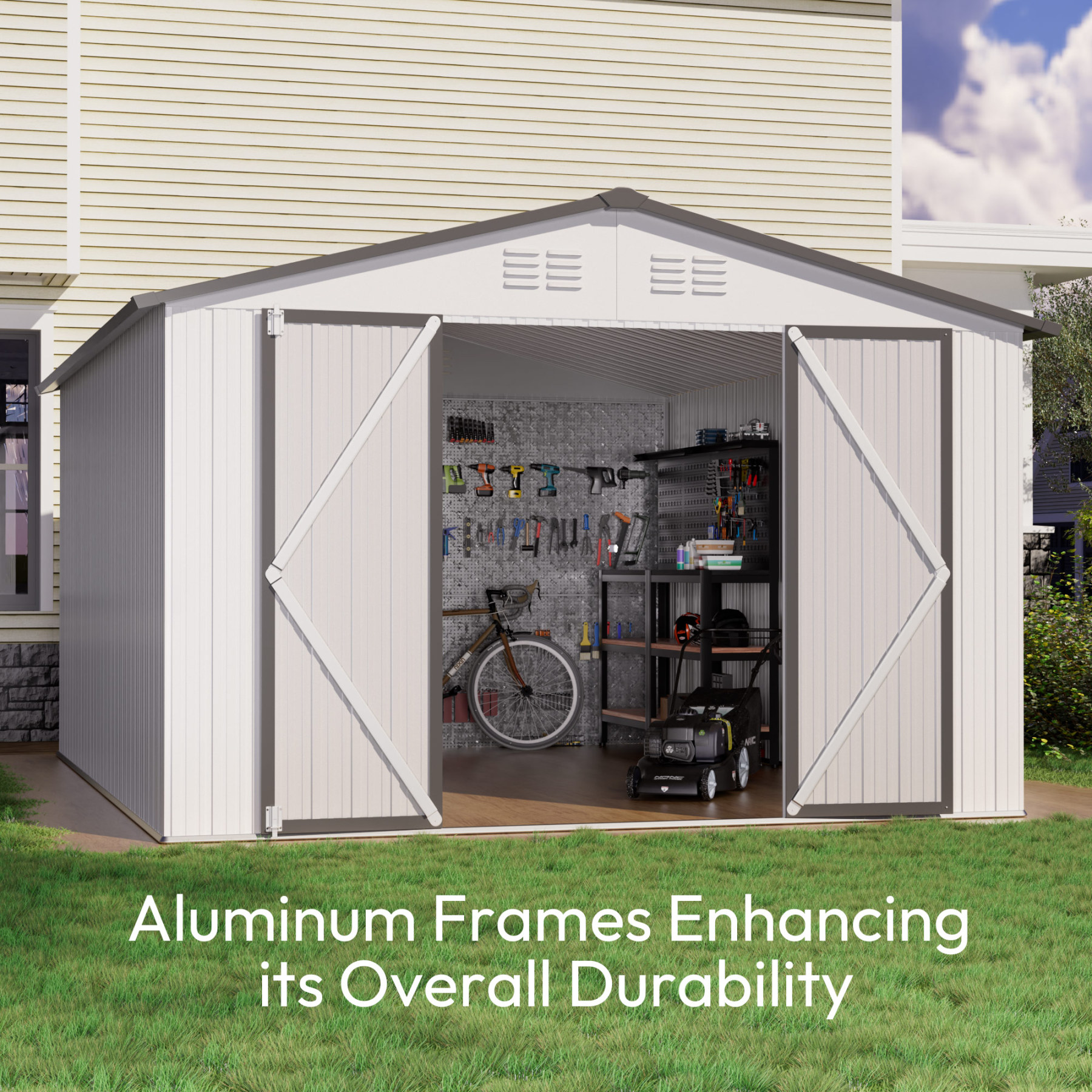 10 x 12 FT Storage Shed, Metal Sheds with Sloping Roof and Lockable Door, Outdoor Shed for Backyard Garden Patio and Lawn,White and Grey