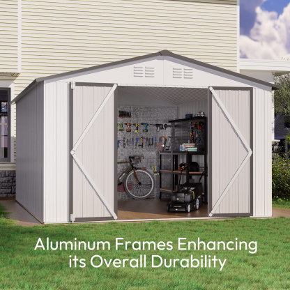 10 x 12 FT Storage Shed, Metal Sheds with Sloping Roof and Lockable Door, Outdoor Shed for Backyard Garden Patio and Lawn,White and Grey