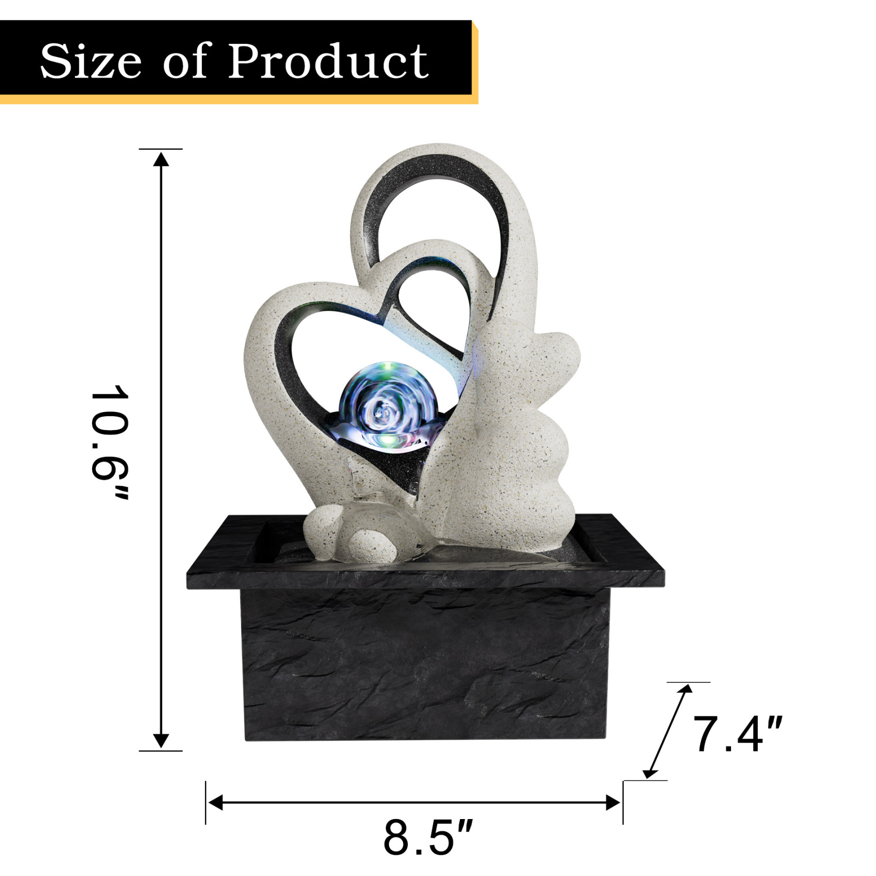 Tabletop Water Fountain, Indoor Desktop Waterfall, Zen Meditation Fountain with LED Lights Rolling Ball, Home Office Decor White