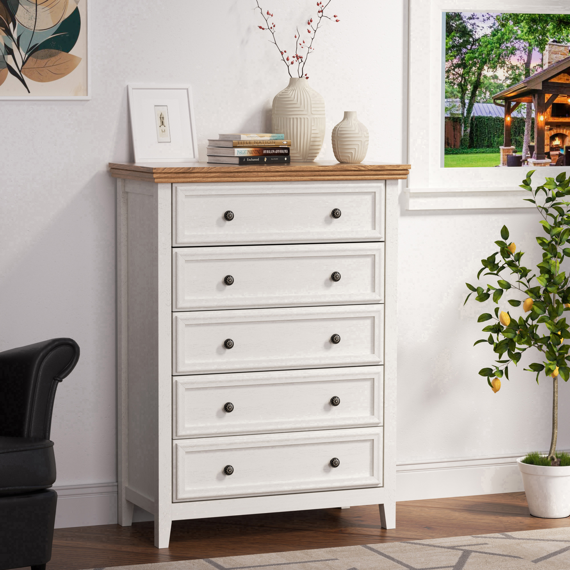 Dresser for Bedroom with 5 Drawers, Modern Chest of Drawers with Metal Handle for Living Room Bedroom Hallway, Black Farmhouse Dresser 31.5 x 15.75 x 44.3 Inch TV Stand