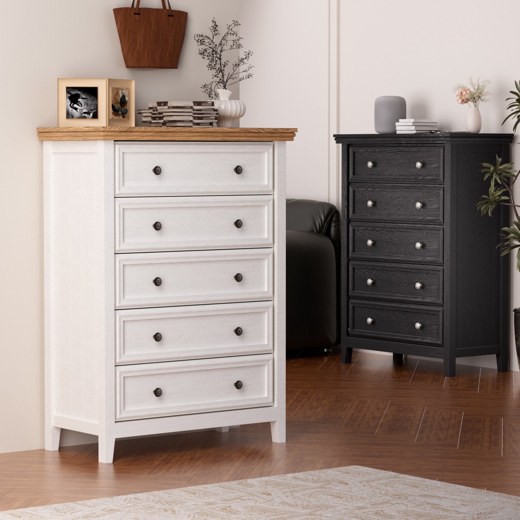 Dresser for Bedroom with 5 Drawers, Modern Chest of Drawers with Metal Handle for Living Room Bedroom Hallway, Black Farmhouse Dresser 31.5 x 15.75 x 44.3 Inch TV Stand