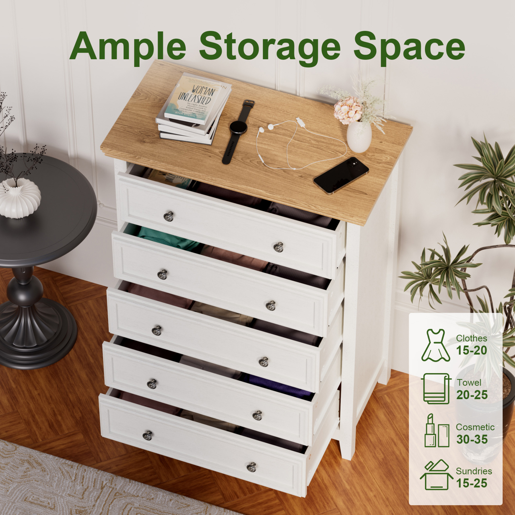 Dresser for Bedroom with 5 Drawers, Modern Chest of Drawers with Metal Handle for Living Room Bedroom Hallway, Black Farmhouse Dresser 31.5 x 15.75 x 44.3 Inch TV Stand