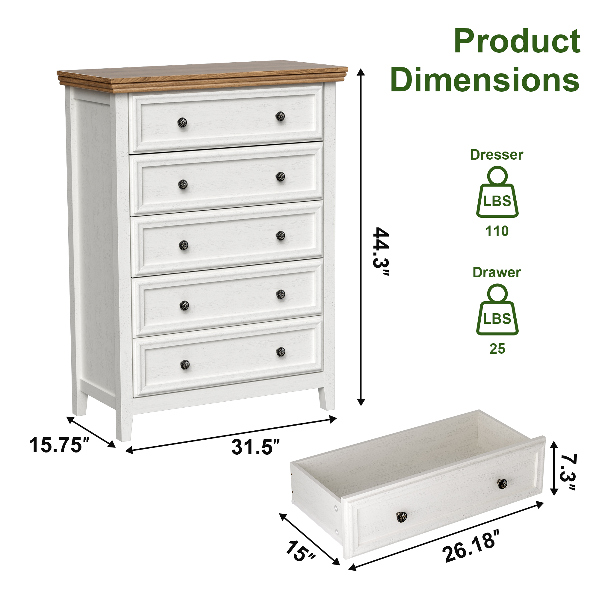 Dresser for Bedroom with 5 Drawers, Modern Chest of Drawers with Metal Handle for Living Room Bedroom Hallway, Black Farmhouse Dresser 31.5 x 15.75 x 44.3 Inch TV Stand