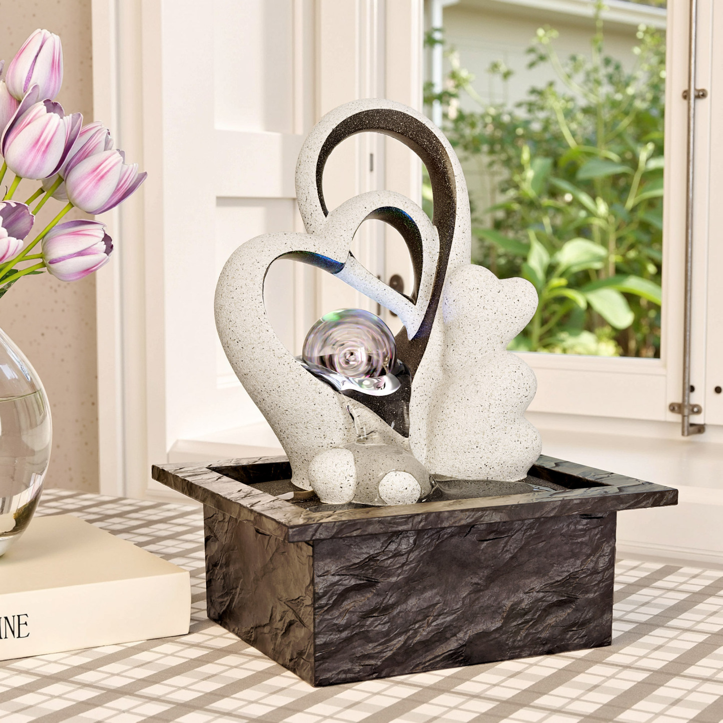 Tabletop Water Fountain, Indoor Desktop Waterfall, Zen Meditation Fountain with LED Lights Rolling Ball, Home Office Decor White