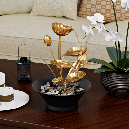 Tabletop Water Fountain, Indoor Waterfall Meditation Fountain with Golden Lotus Modeling & Natural Rocks, Home Decor for Office, Bedroom