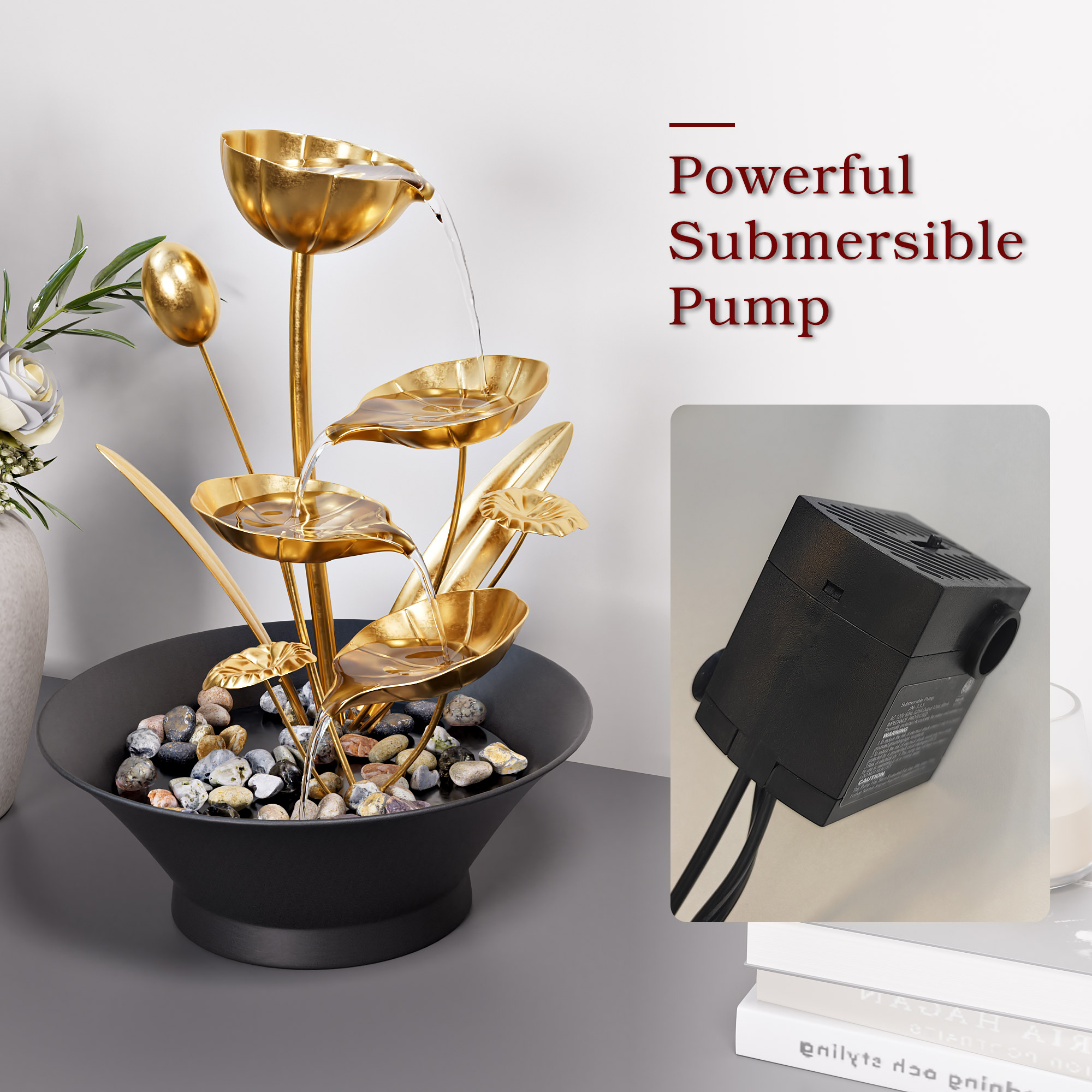 Tabletop Water Fountain, Indoor Waterfall Meditation Fountain with Golden Lotus Modeling & Natural Rocks, Home Decor for Office, Bedroom
