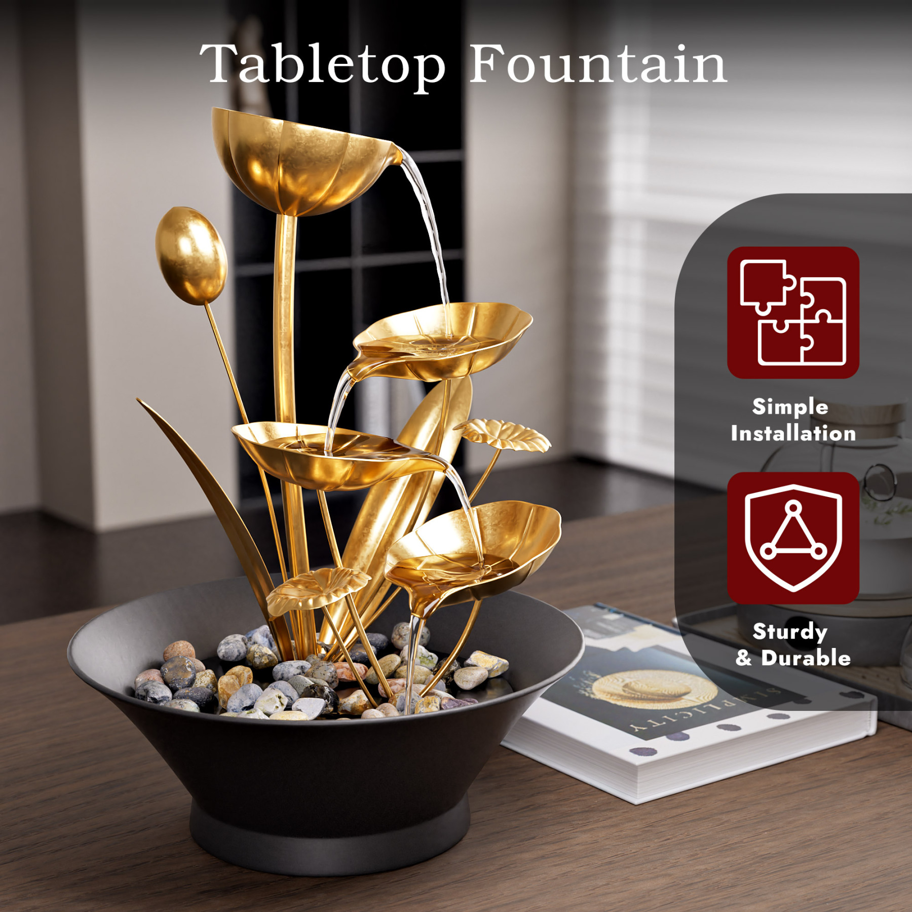 Tabletop Water Fountain, Indoor Waterfall Meditation Fountain with Golden Lotus Modeling & Natural Rocks, Home Decor for Office, Bedroom