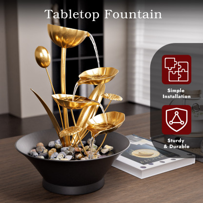 Tabletop Water Fountain, Indoor Waterfall Meditation Fountain with Golden Lotus Modeling & Natural Rocks, Home Decor for Office, Bedroom