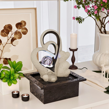 Tabletop Water Fountain, Indoor Desktop Waterfall, Zen Meditation Fountain with LED Lights Rolling Ball, Home Office Decor White