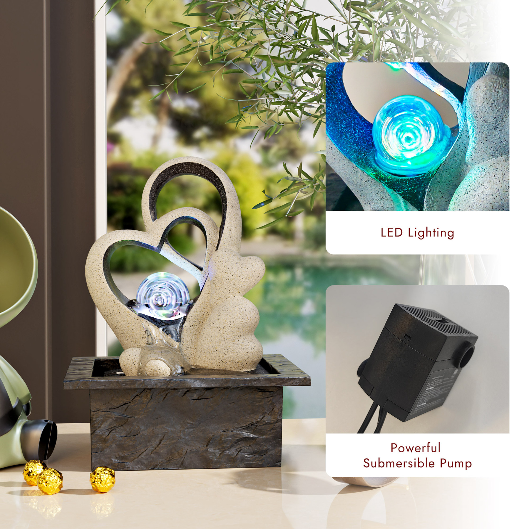 Tabletop Water Fountain, Indoor Desktop Waterfall, Zen Meditation Fountain with LED Lights Rolling Ball, Home Office Decor White