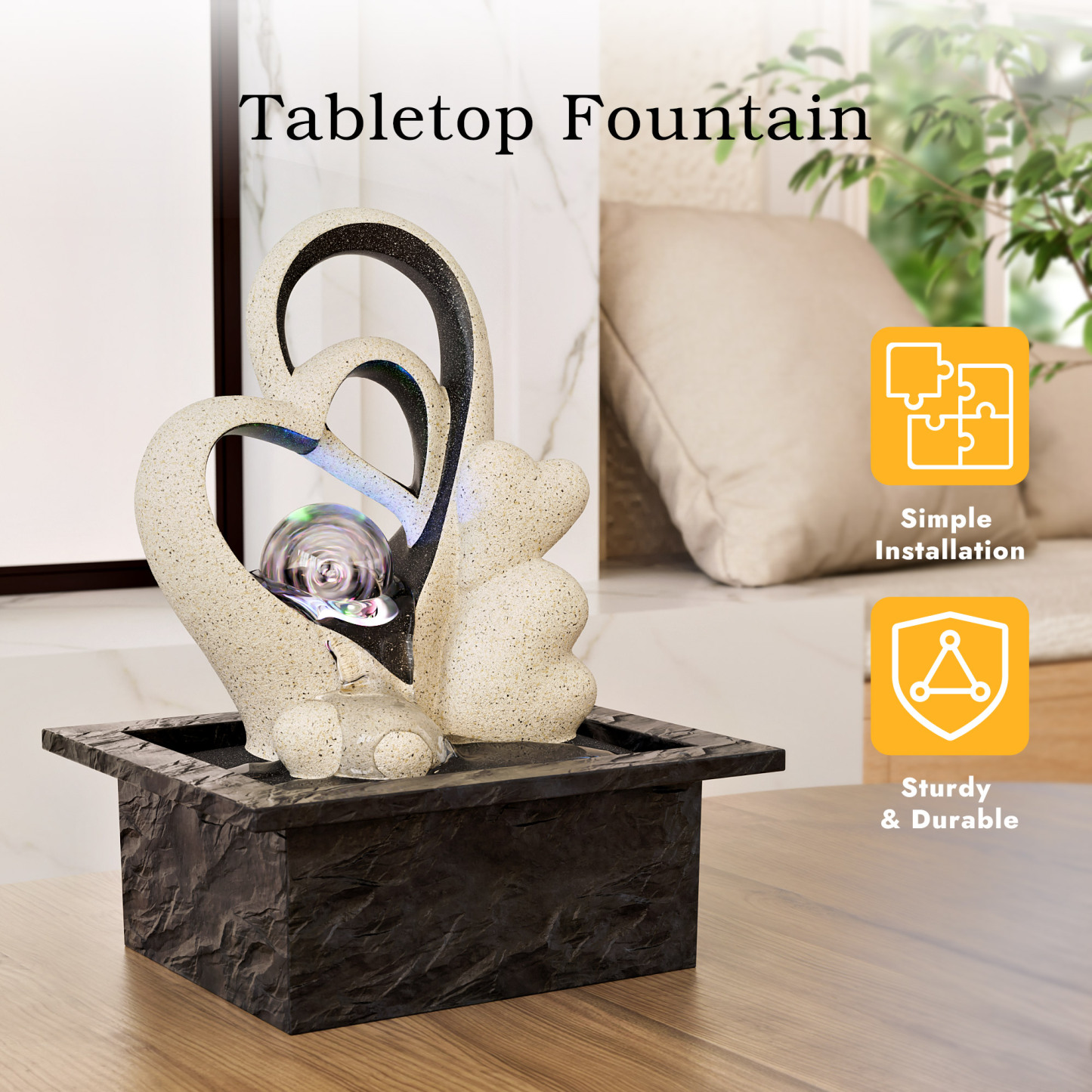 Tabletop Water Fountain, Indoor Desktop Waterfall, Zen Meditation Fountain with LED Lights Rolling Ball, Home Office Decor White