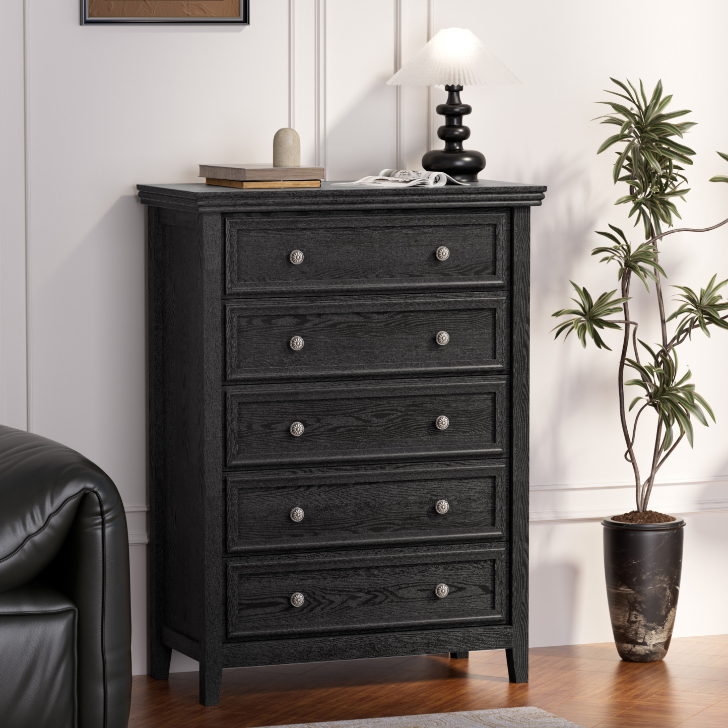 Dresser for Bedroom with 5 Drawers, Modern Chest of Drawers with Metal Handle for Living Room Bedroom Hallway, Black Farmhouse Dresser 31.5 x 15.75 x 44.3 Inch TV Stand