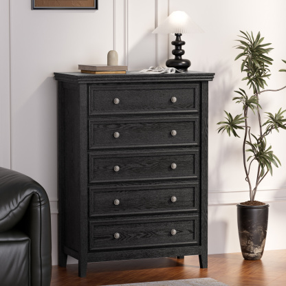 Dresser for Bedroom with 5 Drawers, Modern Chest of Drawers with Metal Handle for Living Room Bedroom Hallway, Black Farmhouse Dresser 31.5 x 15.75 x 44.3 Inch TV Stand