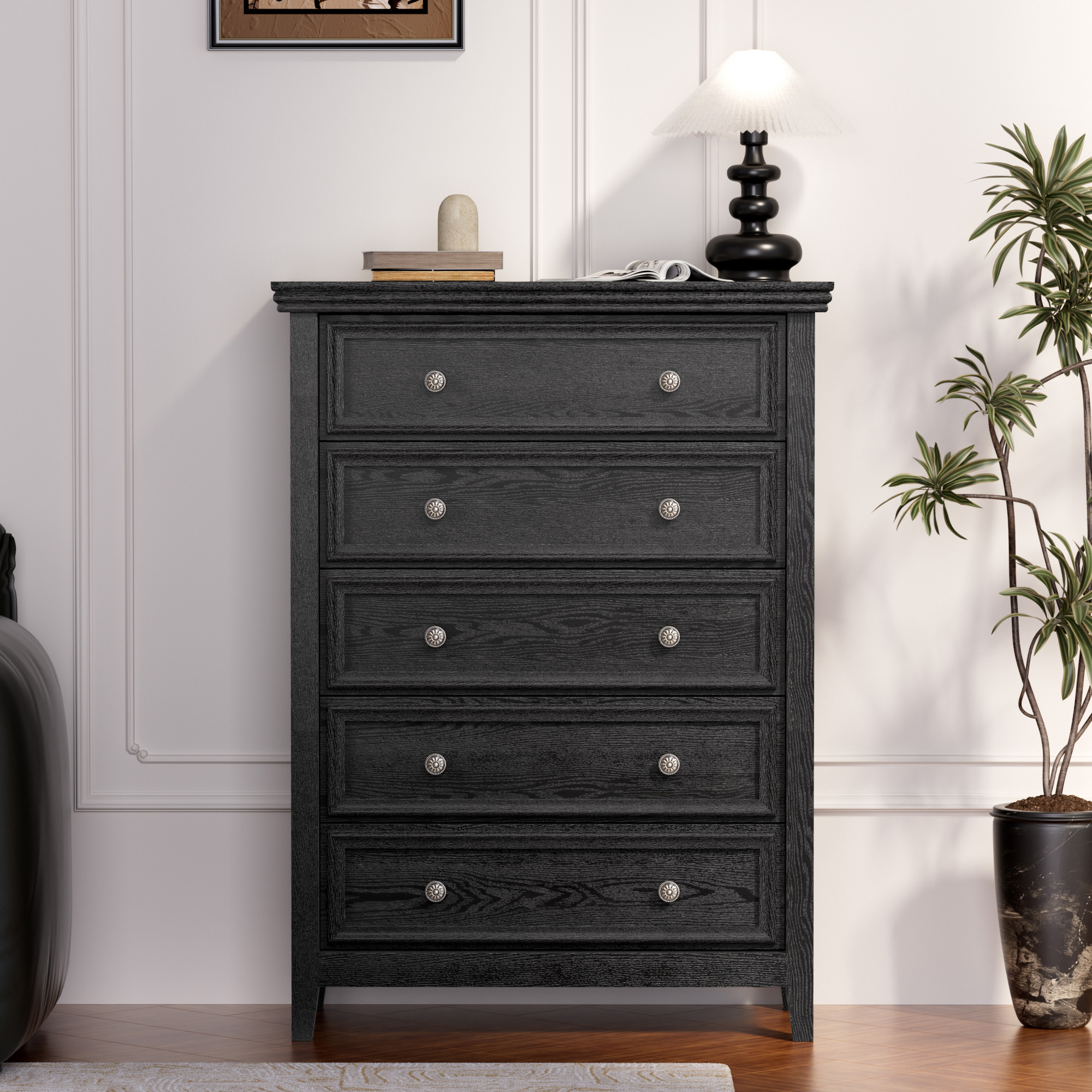 Dresser for Bedroom with 5 Drawers, Modern Chest of Drawers with Metal Handle for Living Room Bedroom Hallway, Black Farmhouse Dresser 31.5 x 15.75 x 44.3 Inch TV Stand