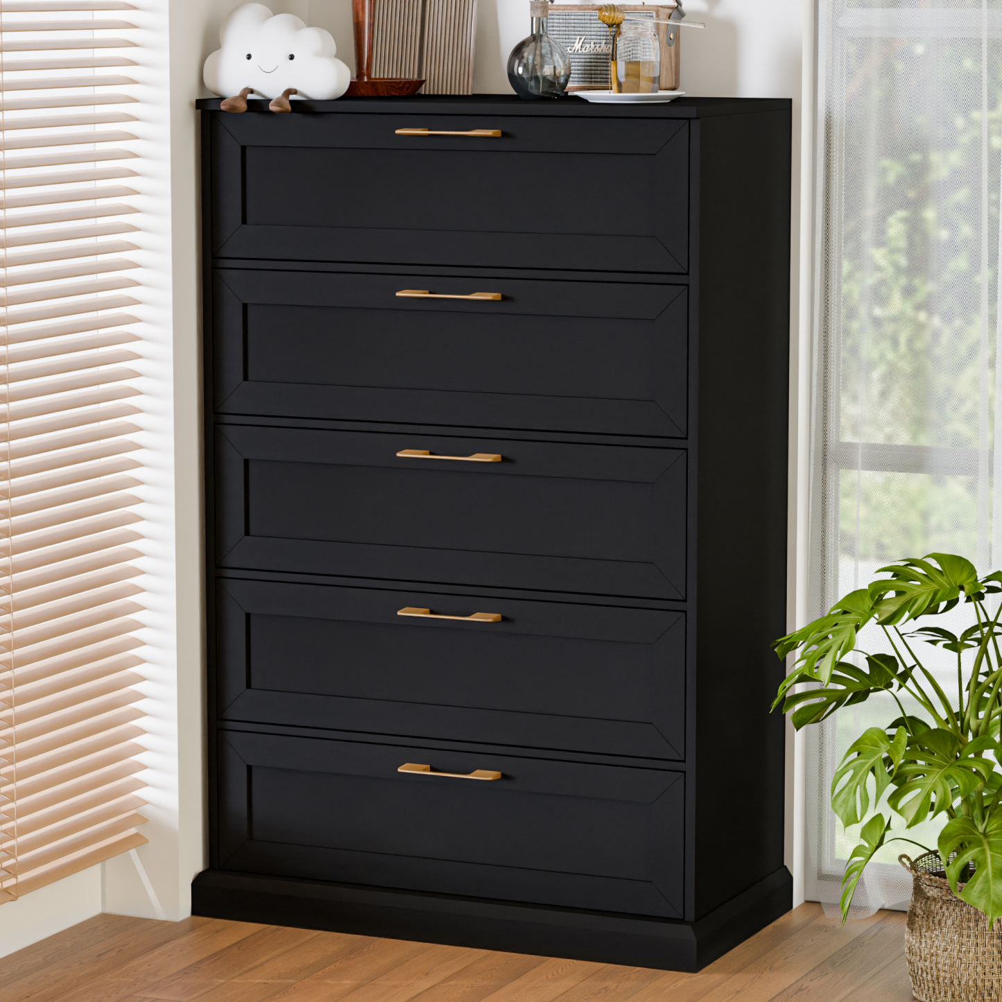 5 Drawer Dresser, 47" Tall Dressers for Bedroom with Anti-Tip Device, Black Dresser Modern Storage Closet with Handle for Hallway,Entryway