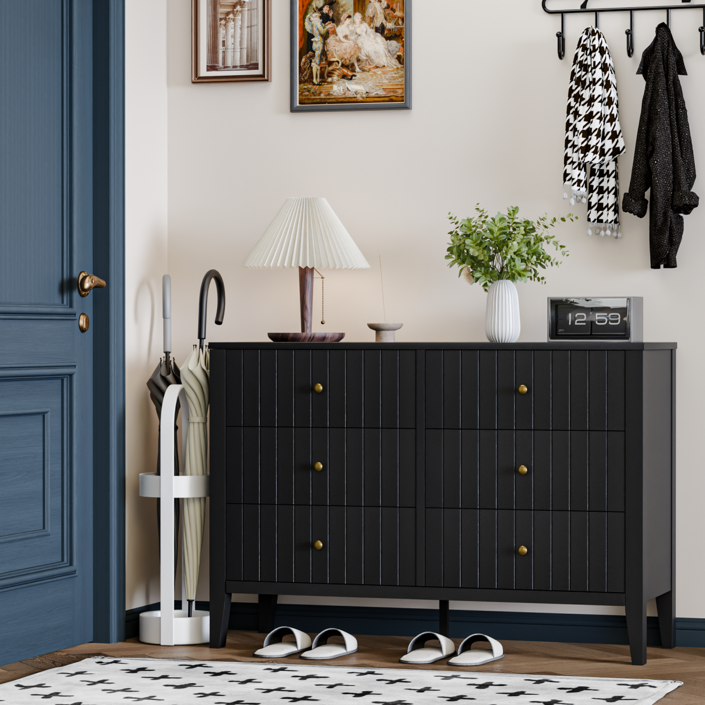 47" Dresser for Bedroom with Handle, Black Farmhouse 6 Drawer Dresser with Anti‑tip for Bedroom, Hallway