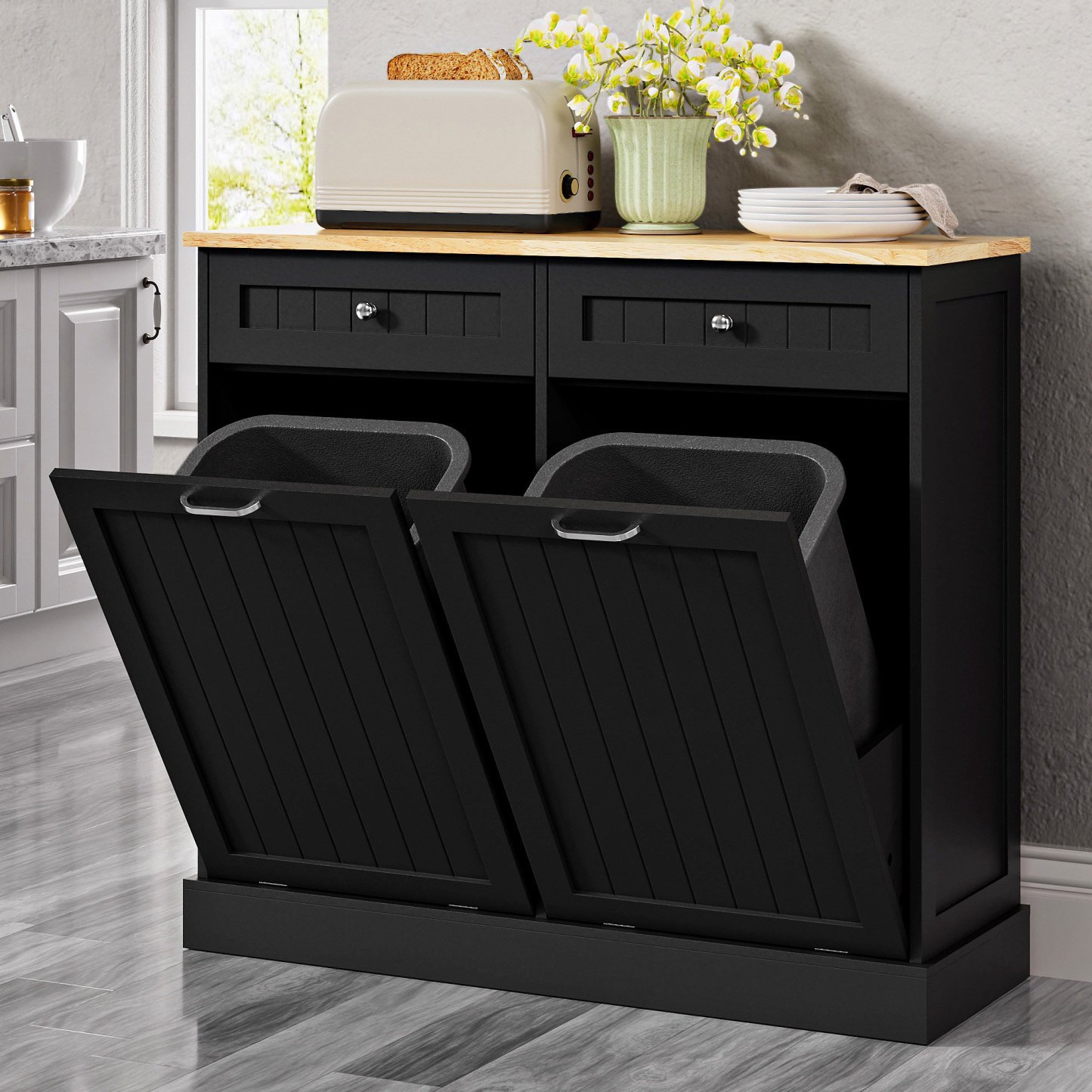 Double Tilt Out Trash Can Cabinet, 20 Gallon Free Standing Hidden Garbage Bin with Drawers, Laundry Sorter for Kitchen, Dining Room, Bathroom