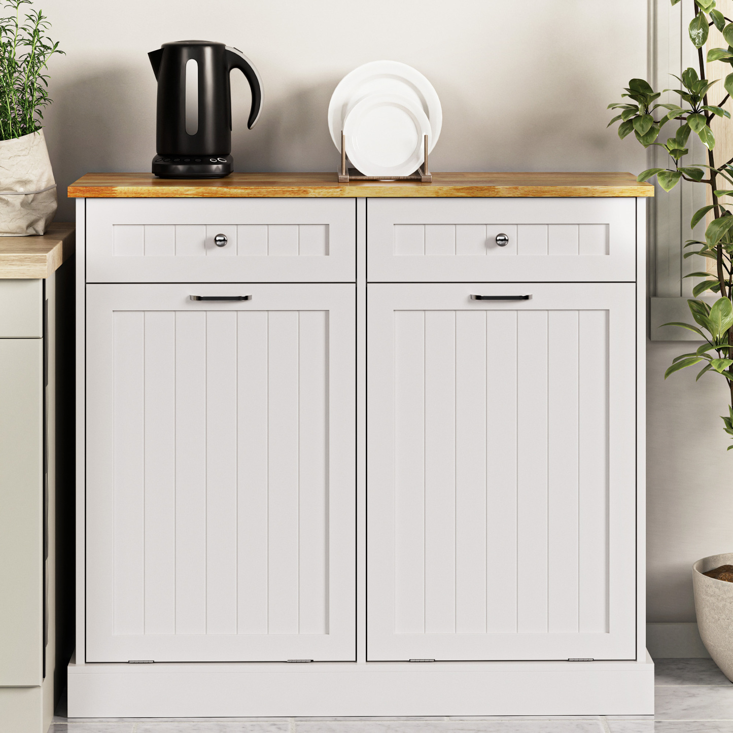 Double Tilt Out Trash Can Cabinet, 20 Gallon Free Standing Hidden Garbage Bin with Drawers, Laundry Sorter for Kitchen, Dining Room, Bathroom