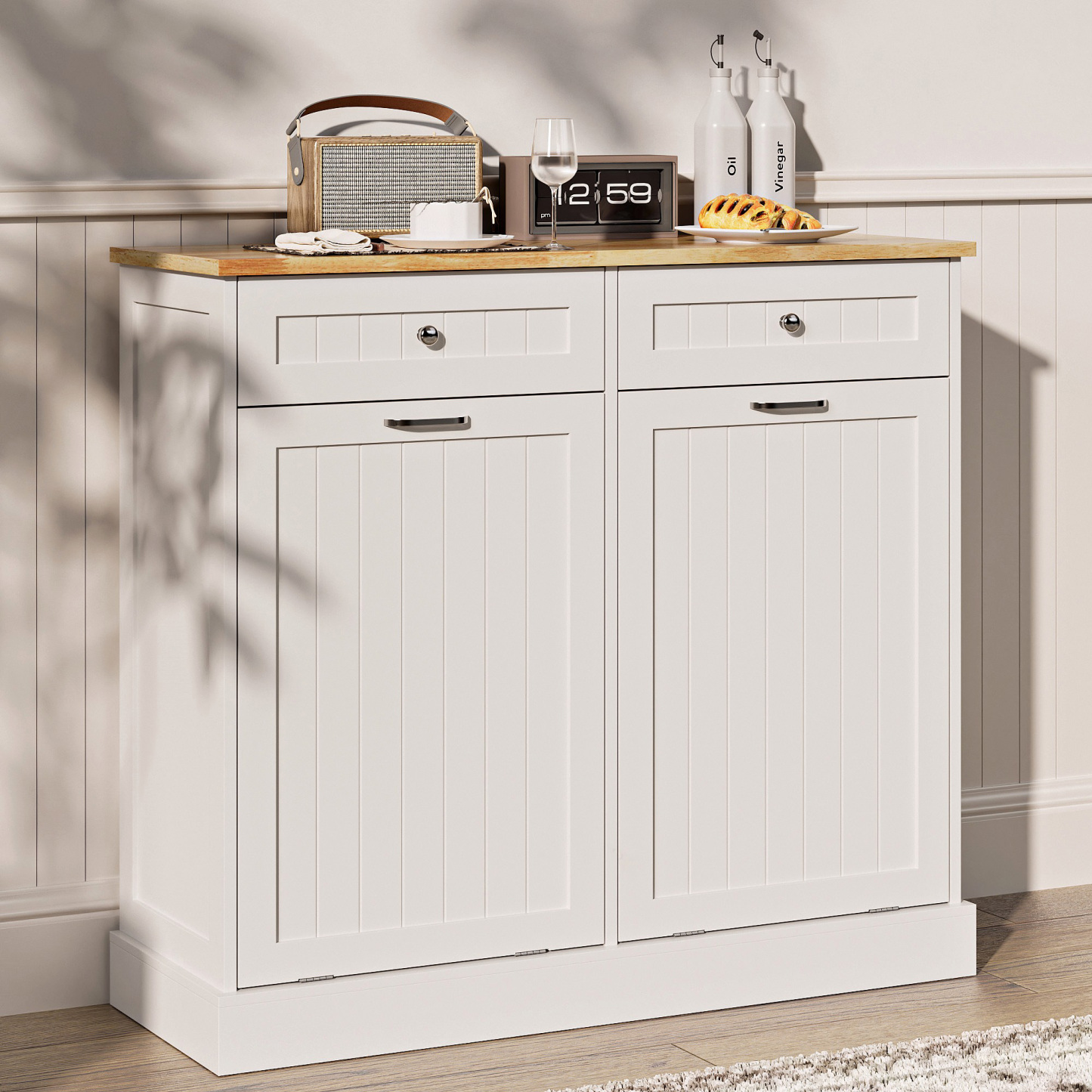 Double Tilt Out Trash Can Cabinet, 20 Gallon Free Standing Hidden Garbage Bin with Drawers, Laundry Sorter for Kitchen, Dining Room, Bathroom