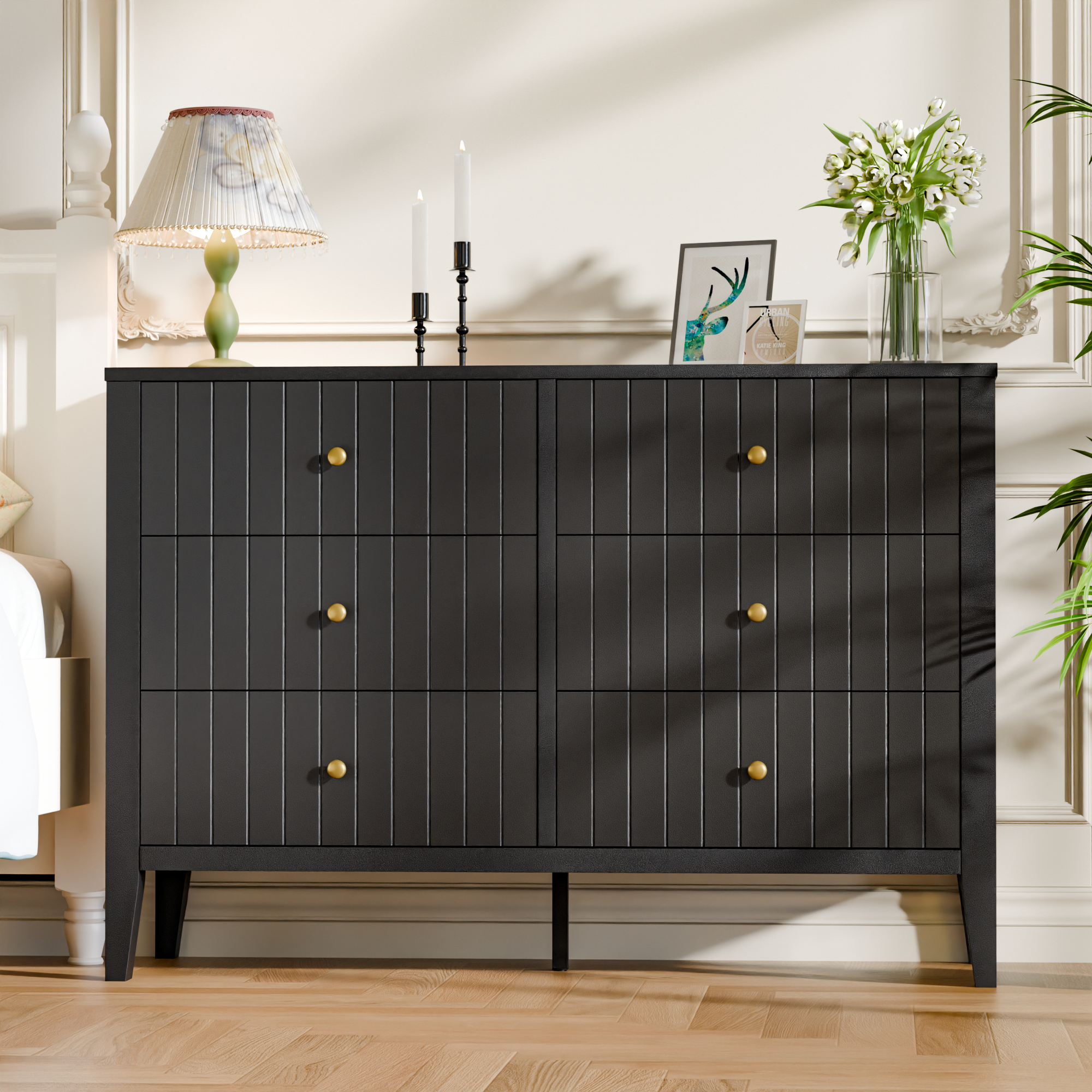 47" Dresser for Bedroom with Handle, Black Farmhouse 6 Drawer Dresser with Anti‑tip for Bedroom, Hallway