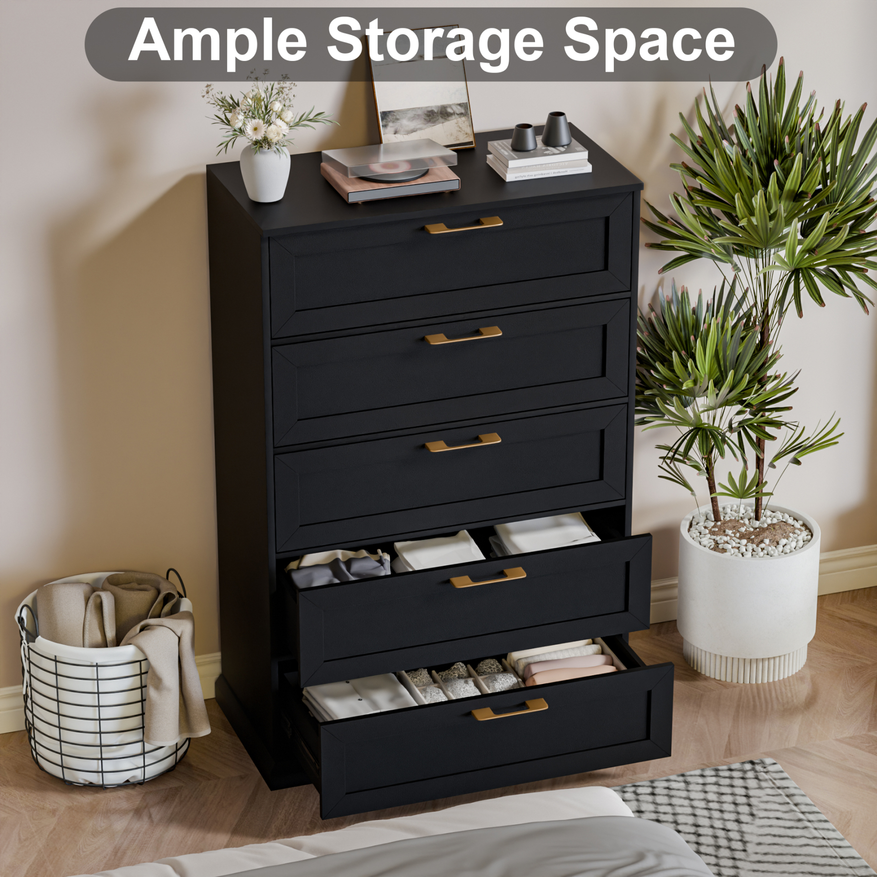 5 Drawer Dresser, 47" Tall Dressers for Bedroom with Anti-Tip Device, Black Dresser Modern Storage Closet with Handle for Hallway,Entryway