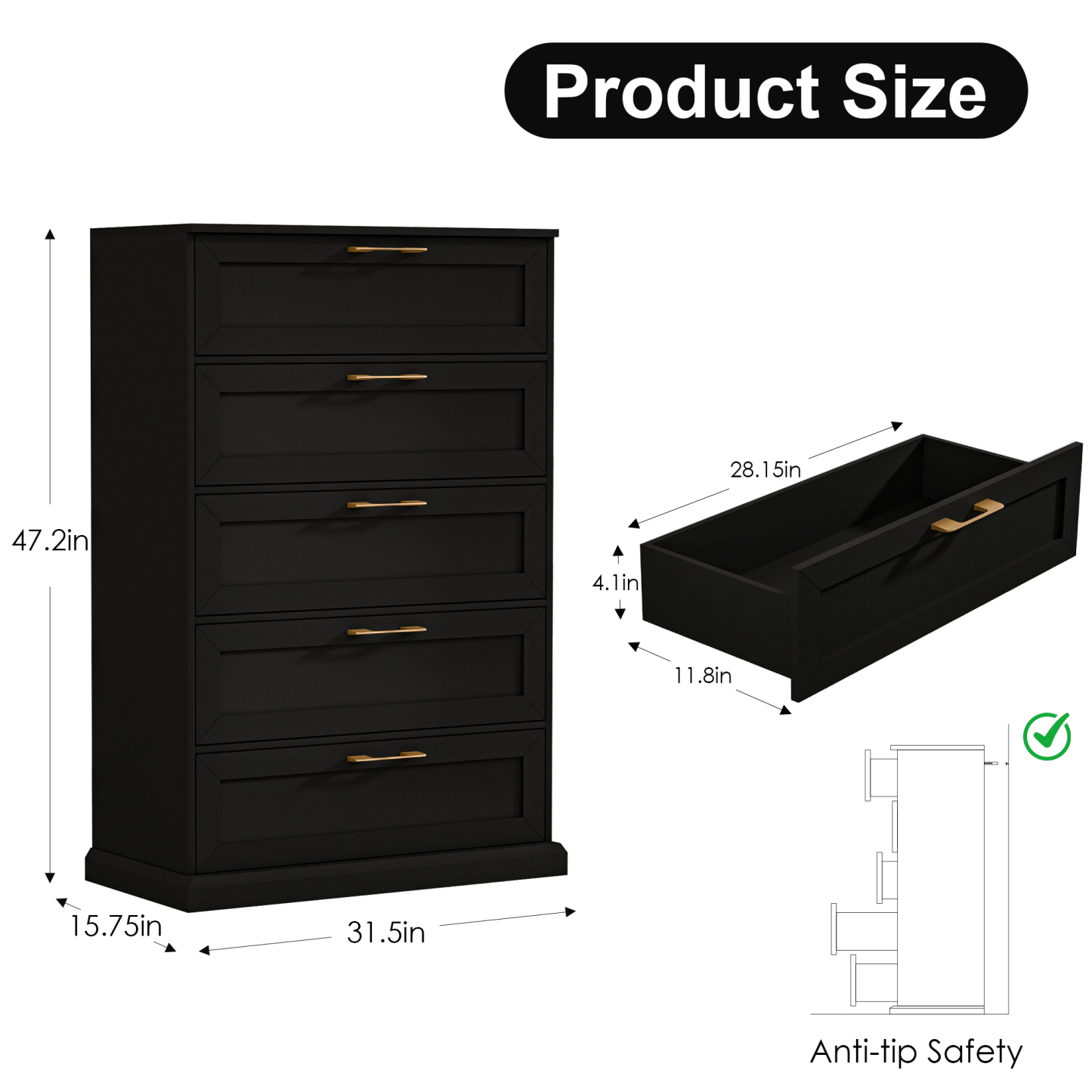 5 Drawer Dresser, 47" Tall Dressers for Bedroom with Anti-Tip Device, Black Dresser Modern Storage Closet with Handle for Hallway,Entryway