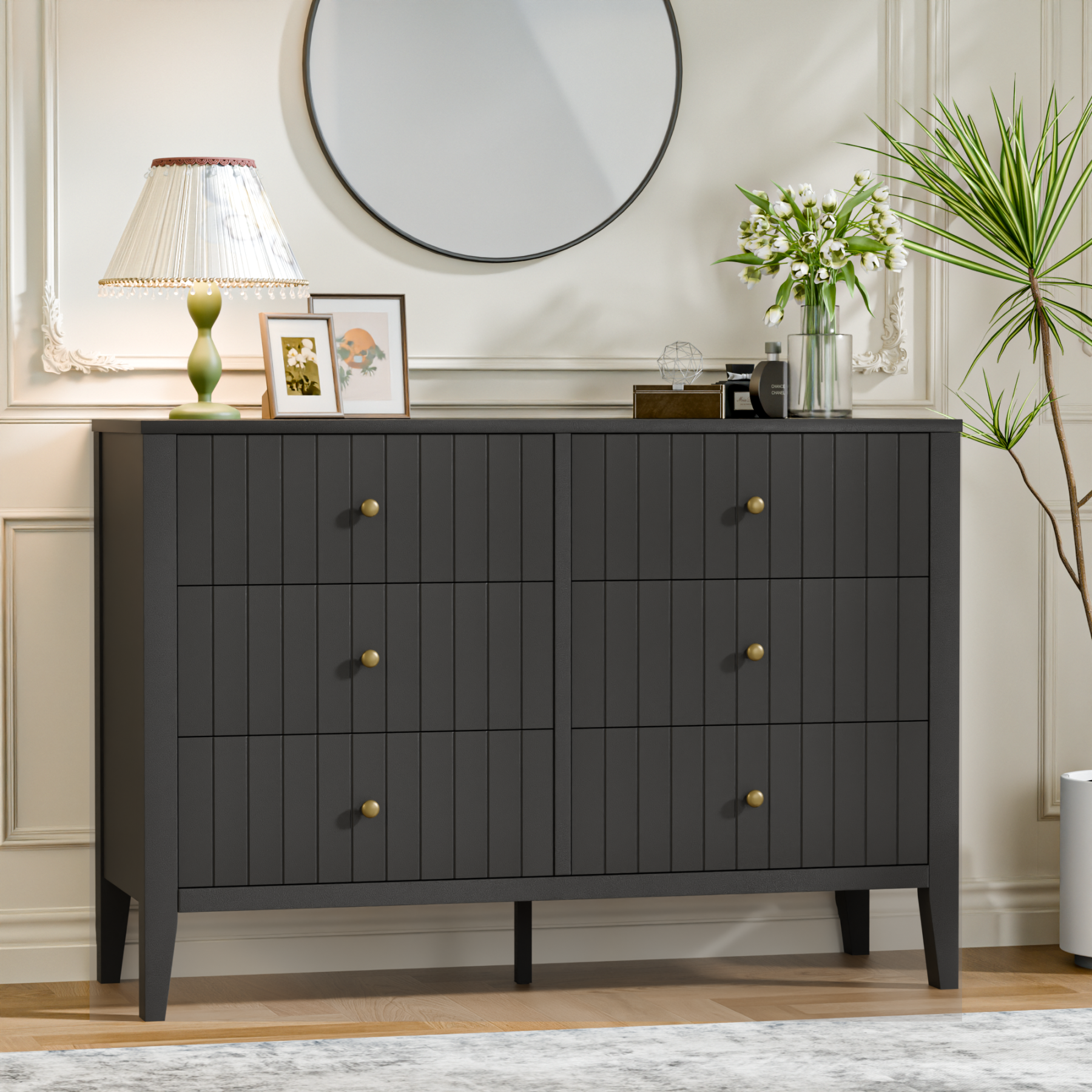 47" Dresser for Bedroom with Handle, Black Farmhouse 6 Drawer Dresser with Anti‑tip for Bedroom, Hallway